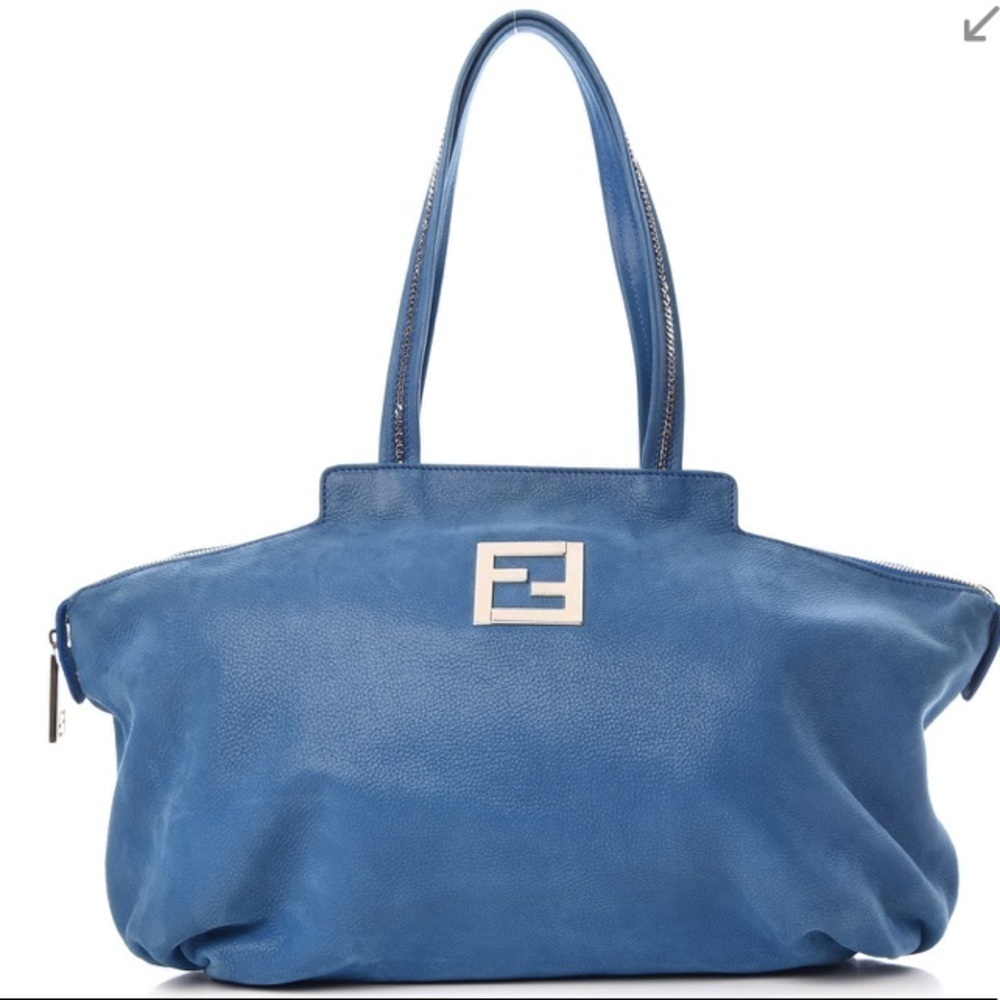 Fendi jumbo Blue suede shoulder bag authentic Metallic Nubuck Chains Tote - Picture 9 of 10